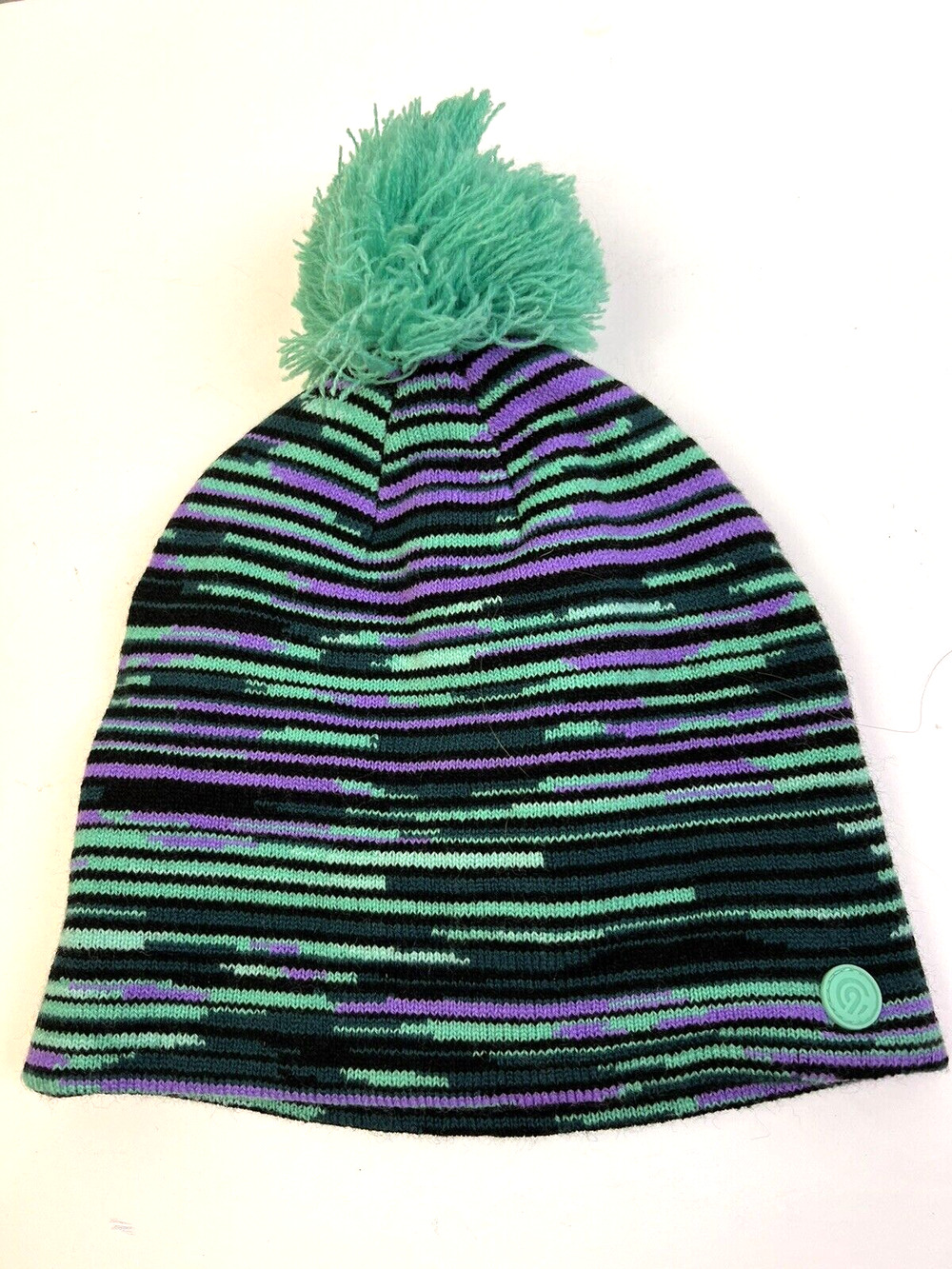 Champion Toboggan Beanie Knit Hat Girls Pom Pom Green Stripe Outdoors Ski